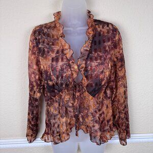 Notations Y2K Blouse Sz M Open Tie Front Ruffled Fairy Sheer Whimsy Art to Wear